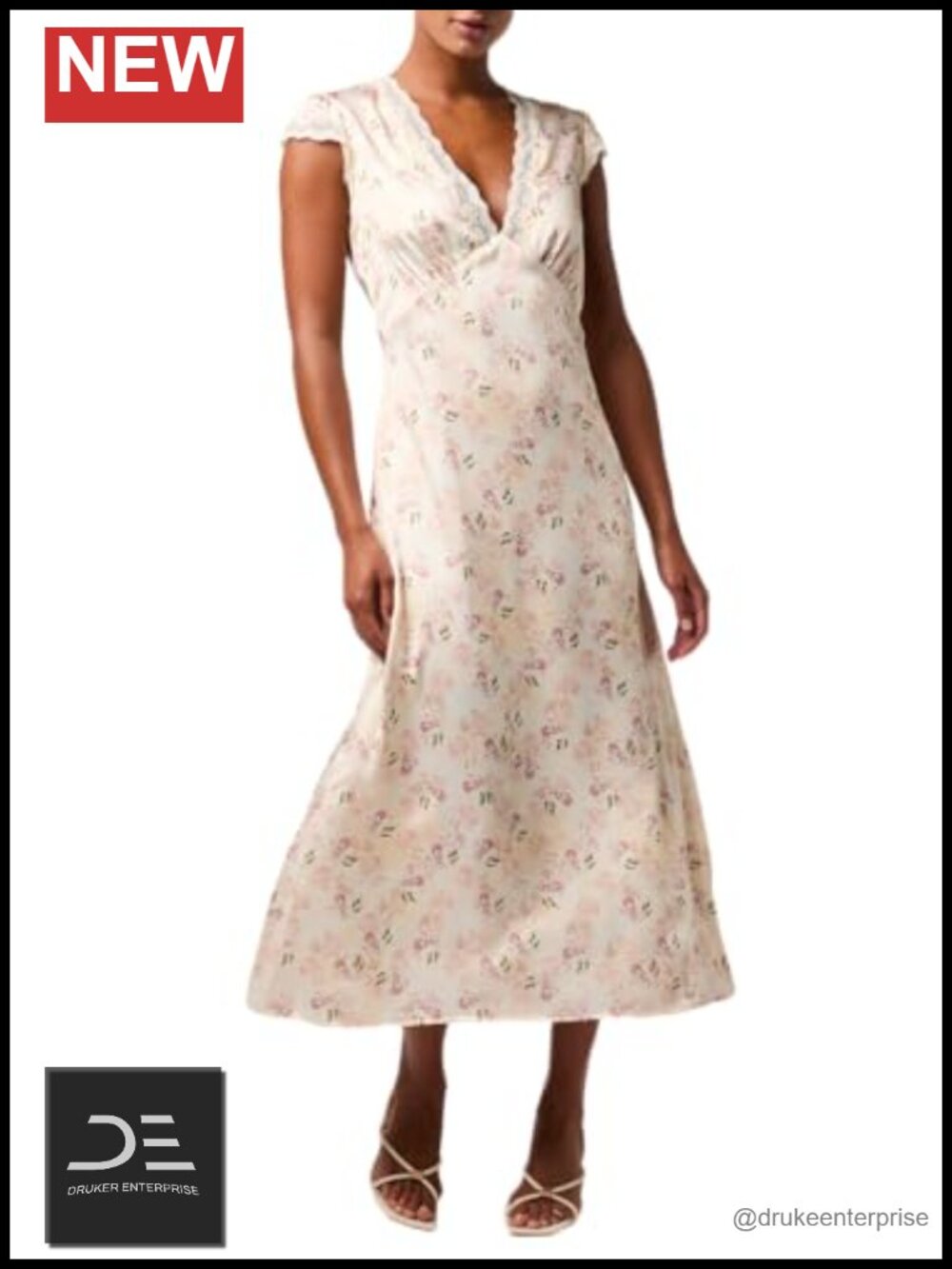 Lace Midi Cocktail Dress Plunging V-Neck Empire Waist Cap Sleeve
